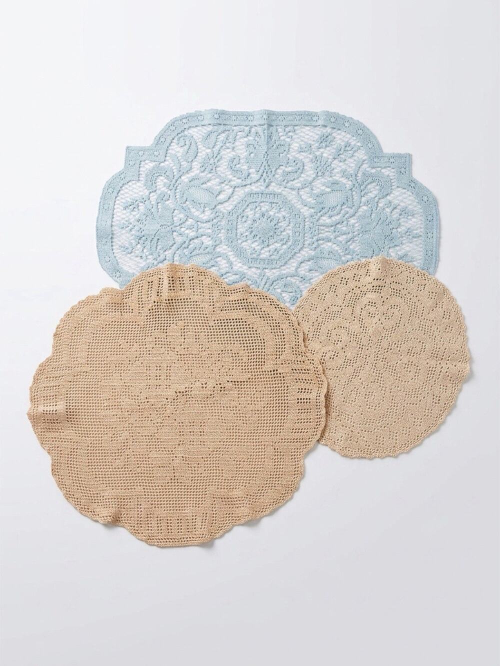 Vintage Mid Century Doily Hand Made Crochet Knit Blue Lace Brown Lot Of 3